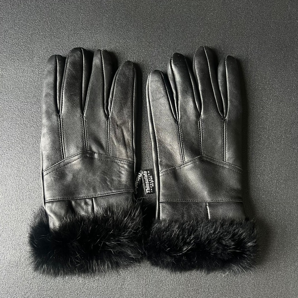 Thinsulate Black Leather Faux Fur Trim Insulated Winter Gloves Womens L Elevated